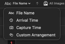 Sort menu with filename, capture time, arrival time, and custom drag order options.