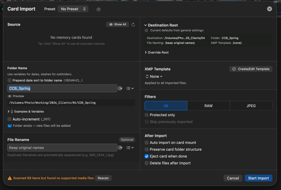 Camera card import dialog with destination folder, rename pattern, and metadata template options.