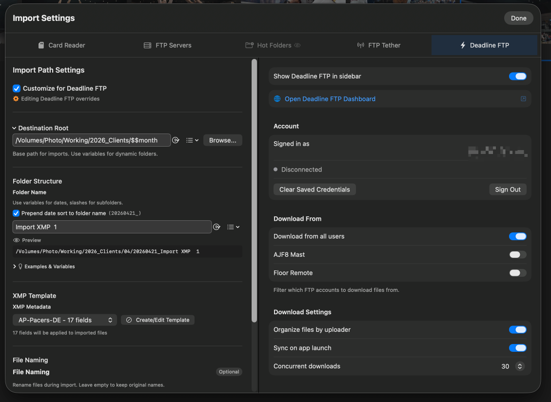 DeadlineFTP cloud sync configuration showing the connected account and available galleries.