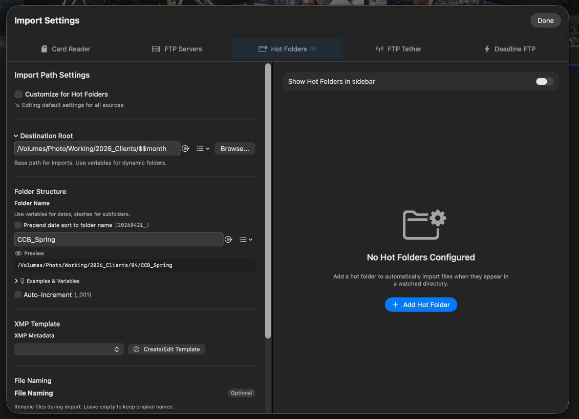 Hot folder configuration with watched path, destination, and auto-apply template settings.