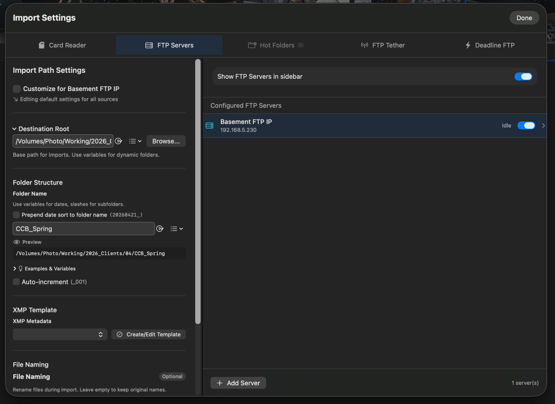 FTP server connection dialog with host, user, password, and remote path fields.