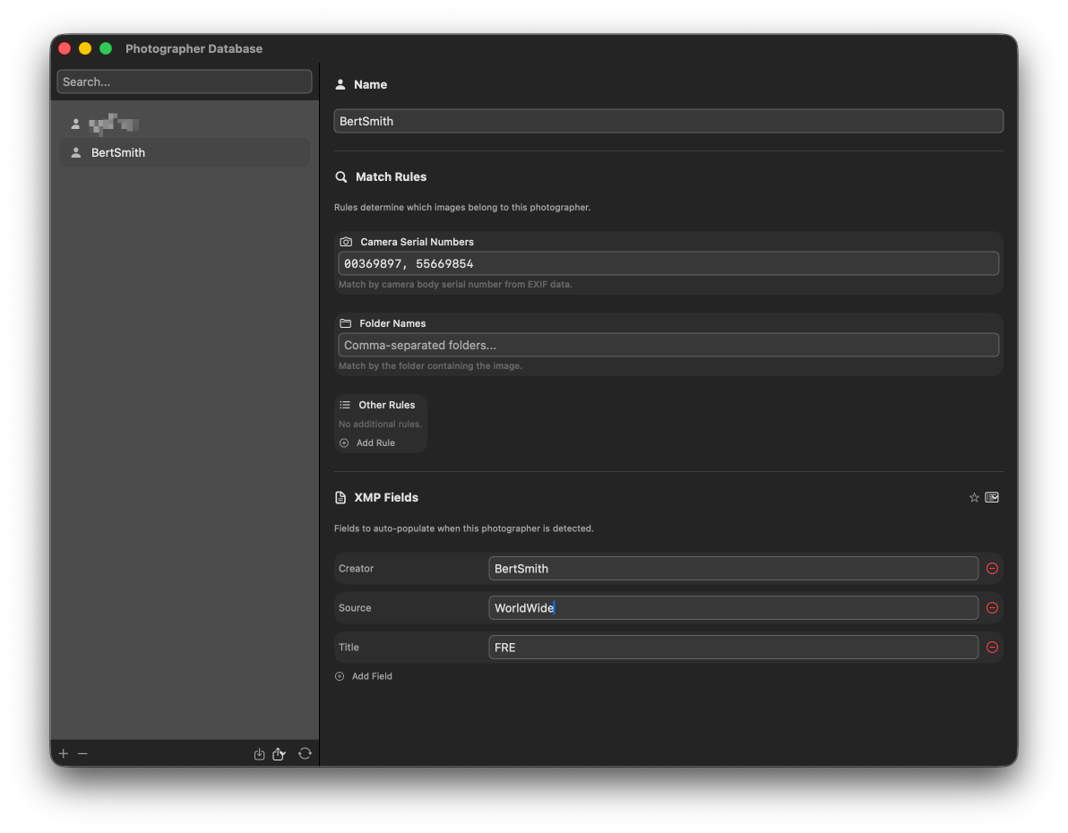 Photographer Database window with a profile showing match rules by camera serial number and folder name, plus auto-fill XMP fields.