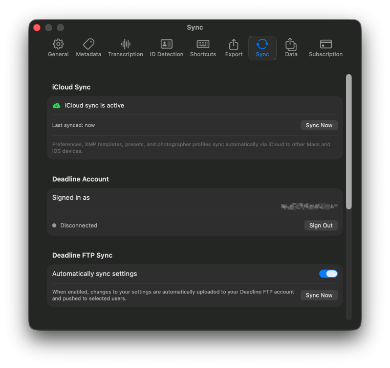 Sync preferences pane with iCloud and DeadlineFTP sync toggles for templates, Quick Text, and other settings.