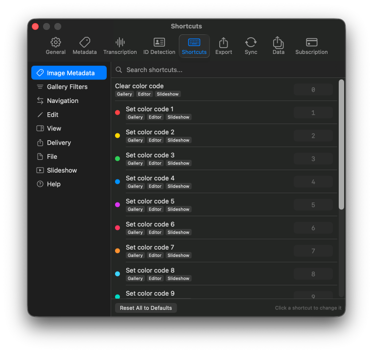 Keyboard Shortcuts preferences pane listing actions and their assigned key combinations with a remap button next to each.