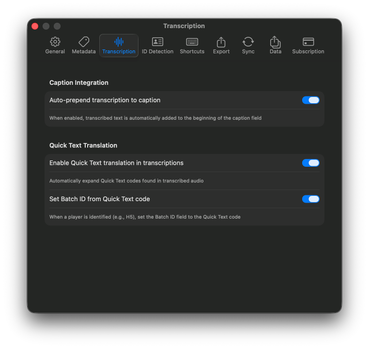 Transcription preferences pane with on-device model settings and smart translation options.