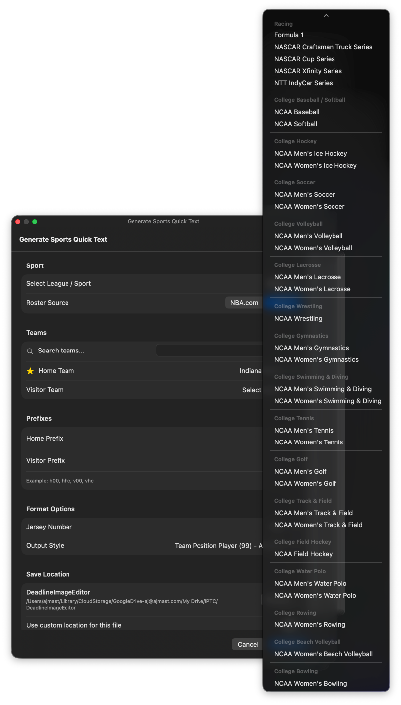 Generated Quick Text roster file with player codes, jersey numbers, and full descriptions for both teams.