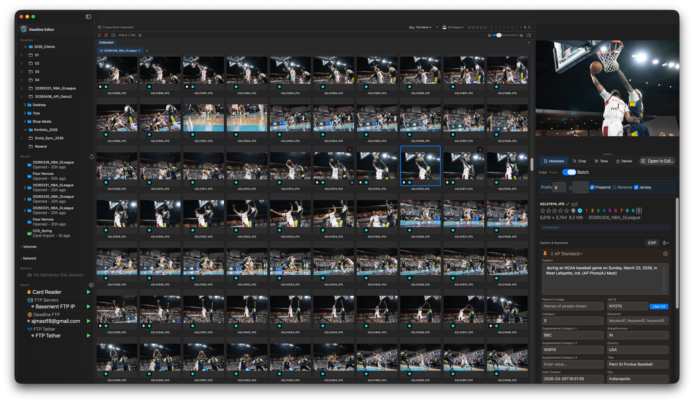 Deadline Editor on macOS: thumbnail grid with selected image preview and metadata inspector.