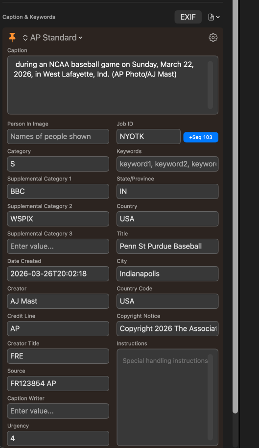 Caption and Keywords inspector with the AP Standard template selected and IPTC fields filled in.