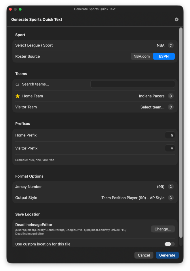 Generate Sports Quick Text dialog with league, roster source, teams, prefixes, format, and save location settings.