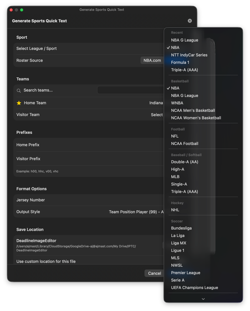 League picker dropdown listing NBA, NFL, MLB, NHL, NCAA, F1, soccer leagues, and more.