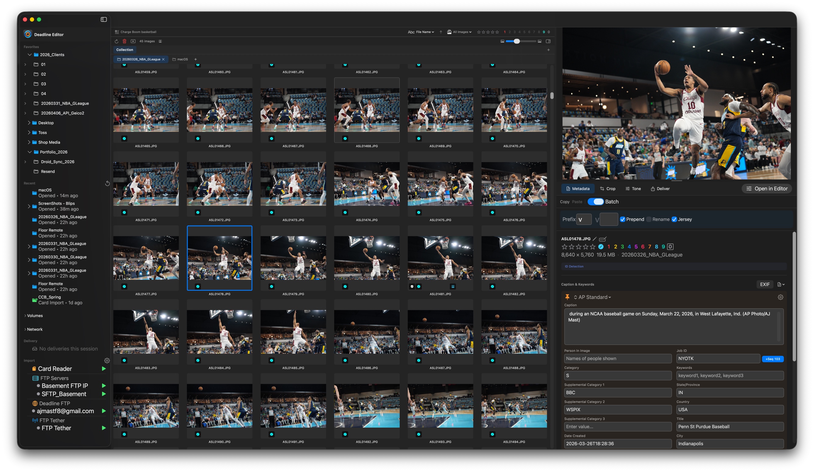 Deadline Editor on macOS: gallery, selected image, and inspector with metadata.