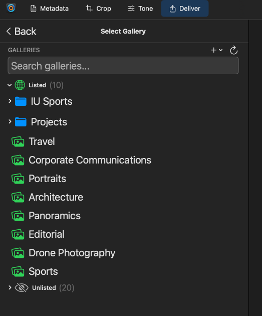 PhotoShelter delivery configuration showing the account, target gallery, and upload options.