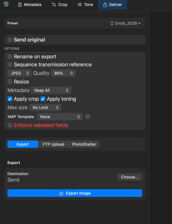 Export dialog with format, quality, dimensions, metadata, and pattern-based naming controls.