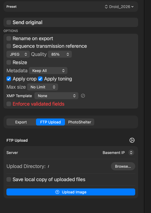FTP Upload tab of the delivery dialog with preset, format, rename, metadata, and FTP server selection.
