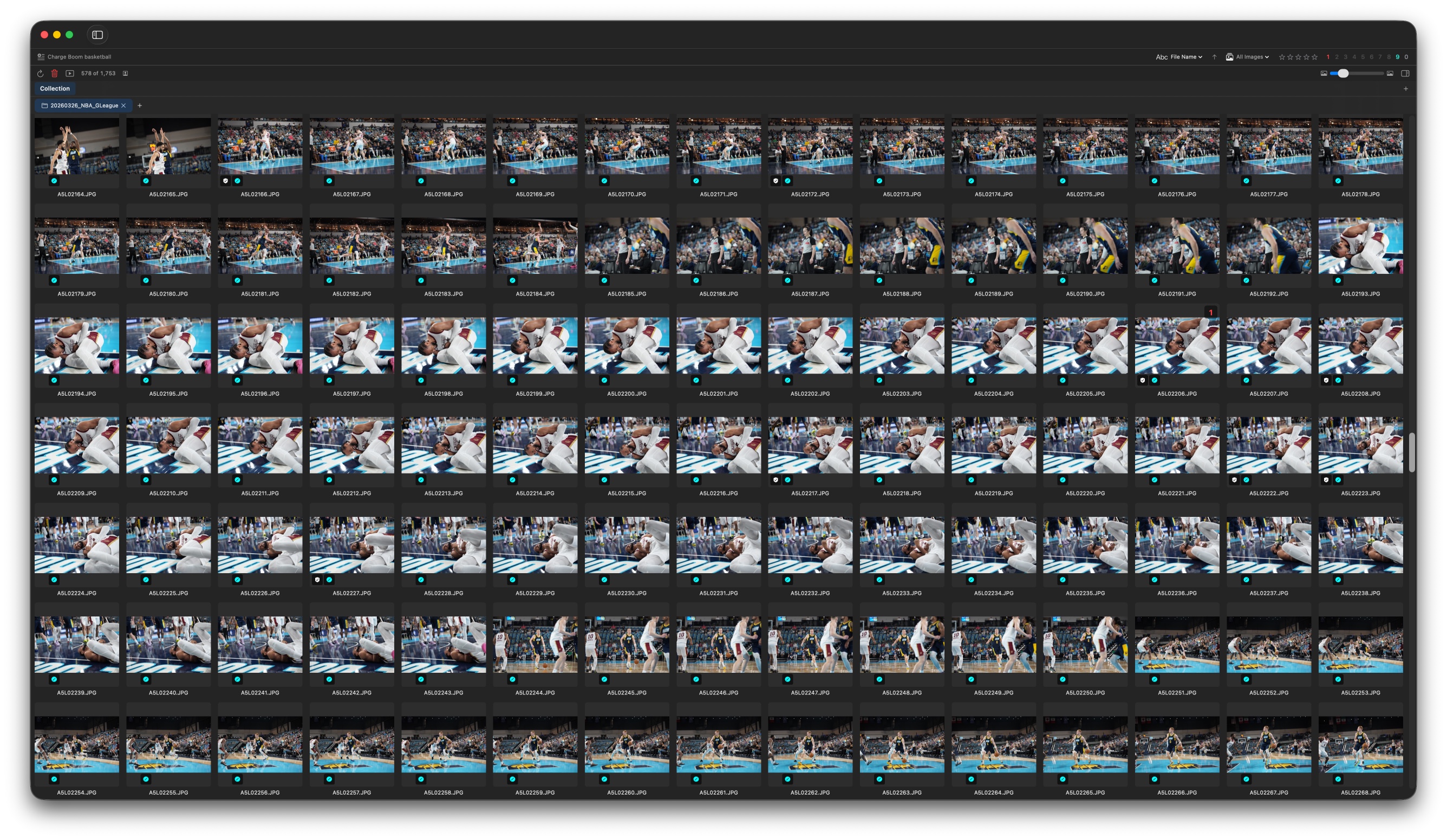 Deadline Editor gallery thumbnail grid showing many basketball game thumbnails.