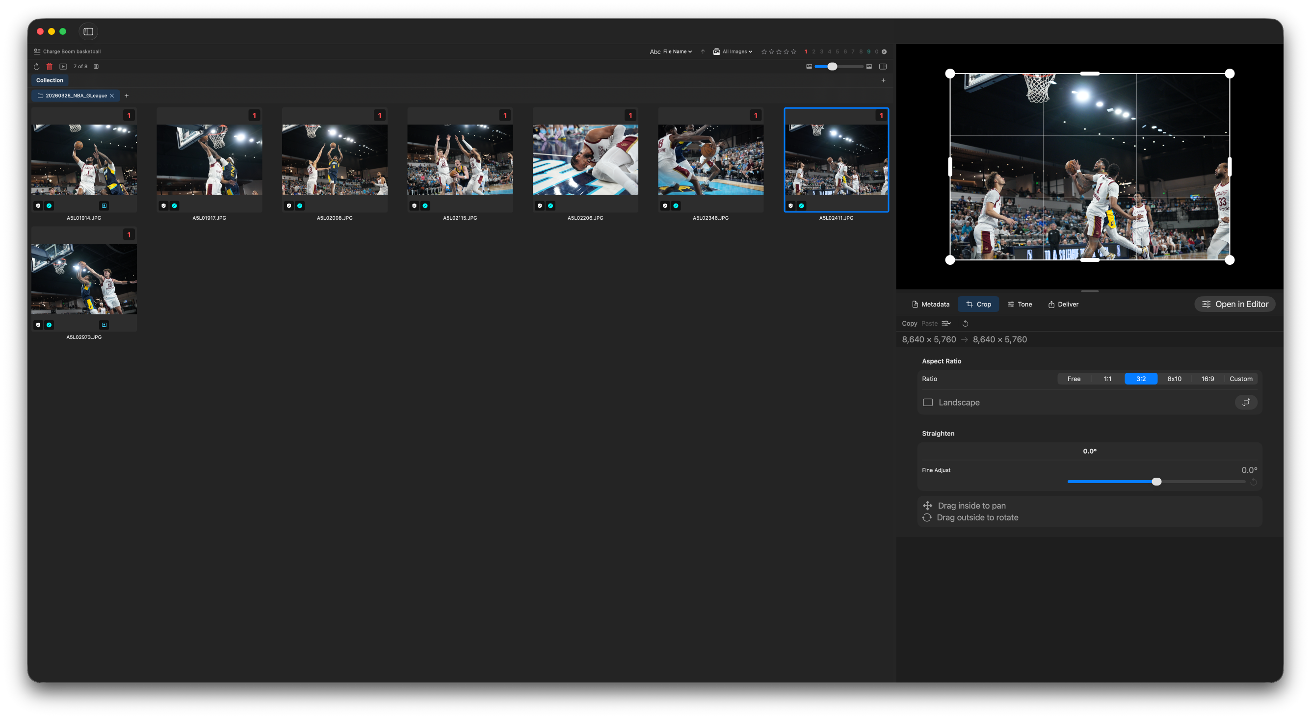 Crop module controls in the inspector panel showing aspect ratio presets and rotation slider.