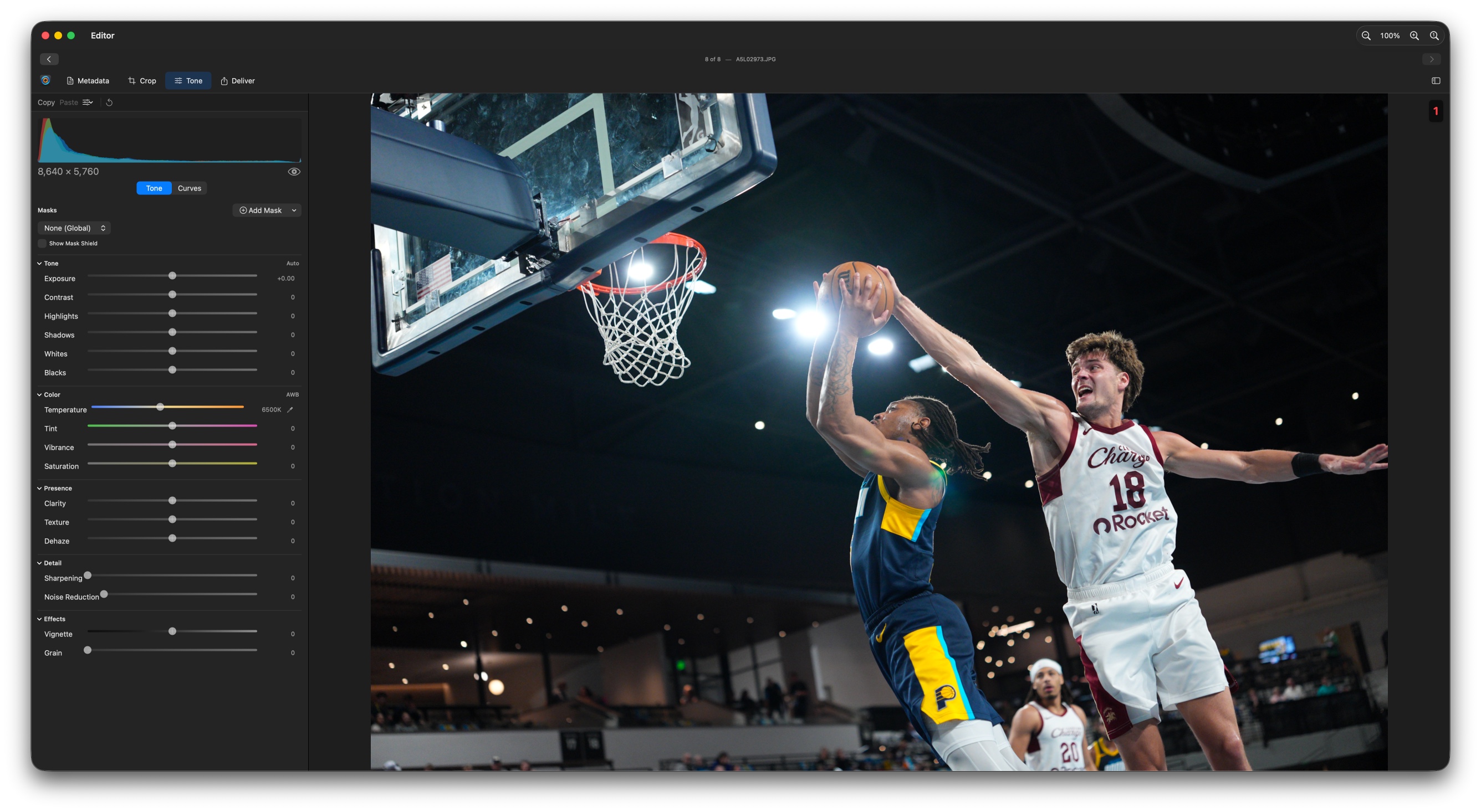 Deadline Editor full-screen tone module on macOS with non-destructive adjustment sliders.