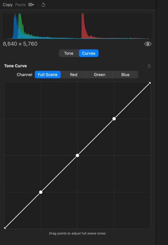 Curves editor with histogram overlay and a custom S-curve applied to the tone.