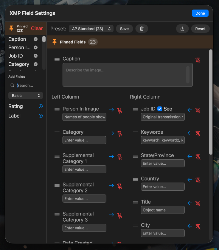 Inspector showing the most-used XMP fields pinned at the top in a two-column layout.